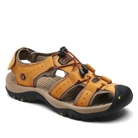 Orthopedische herensandalen met gesloten neus, snelsluiter en voetboogsteun - okergeel