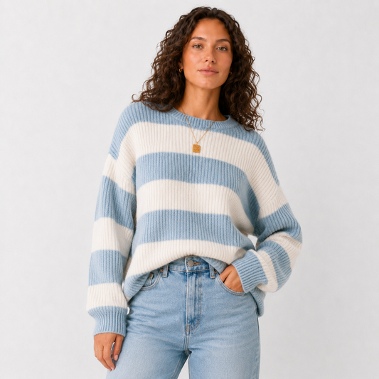 Oversized damestrui met brede strepen en ronde hals