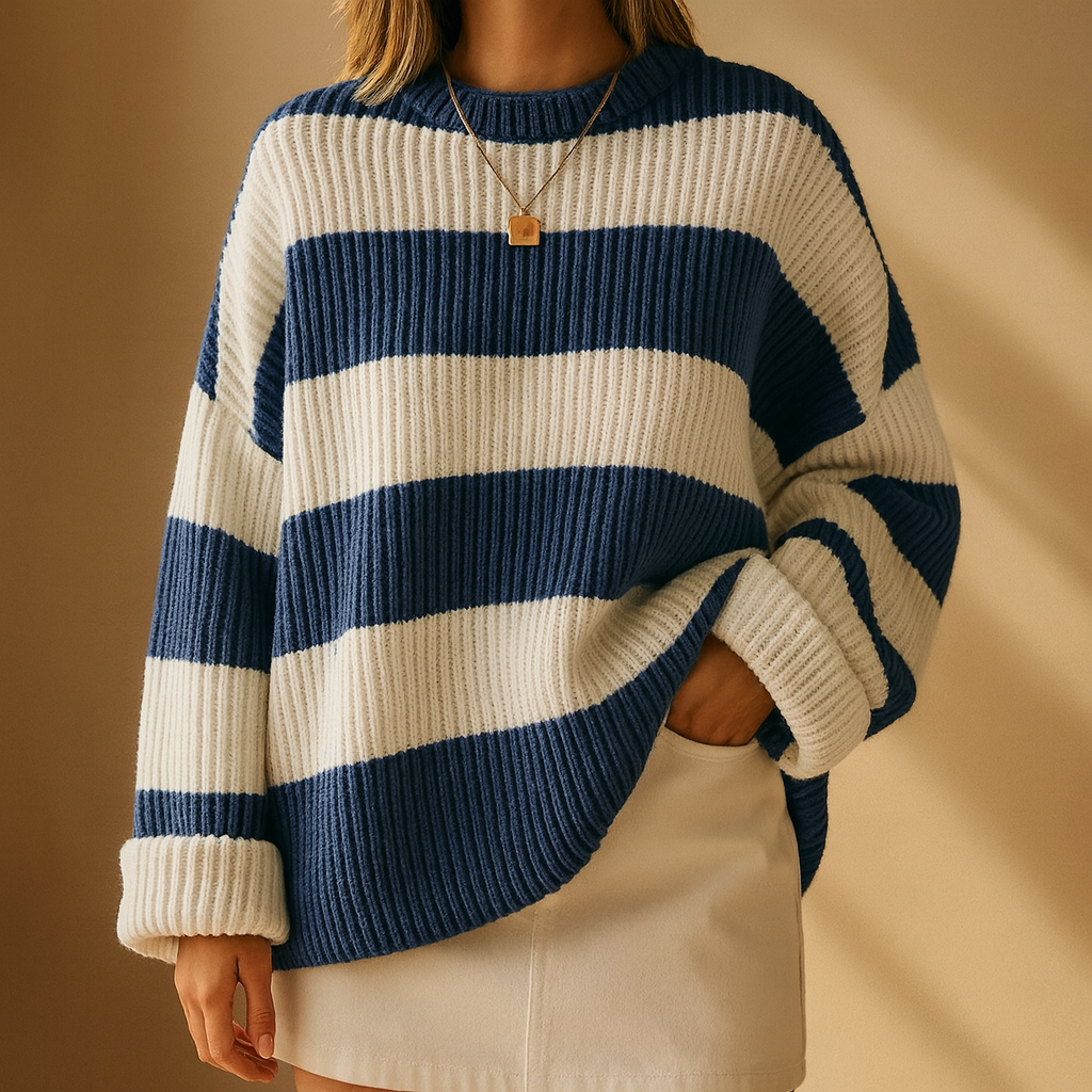 Oversized damestrui met brede strepen en ronde hals - marineblauw
