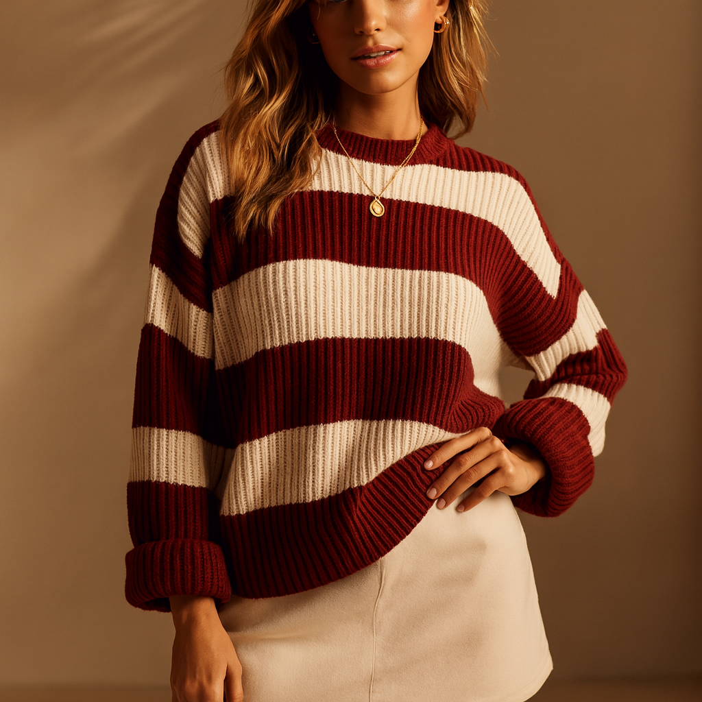 Oversized damestrui met brede strepen en ronde hals - bordeaux