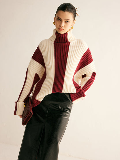 Oversized damestrui met col en verticale kleurblokken in grove rib - bordeauxrood/crème