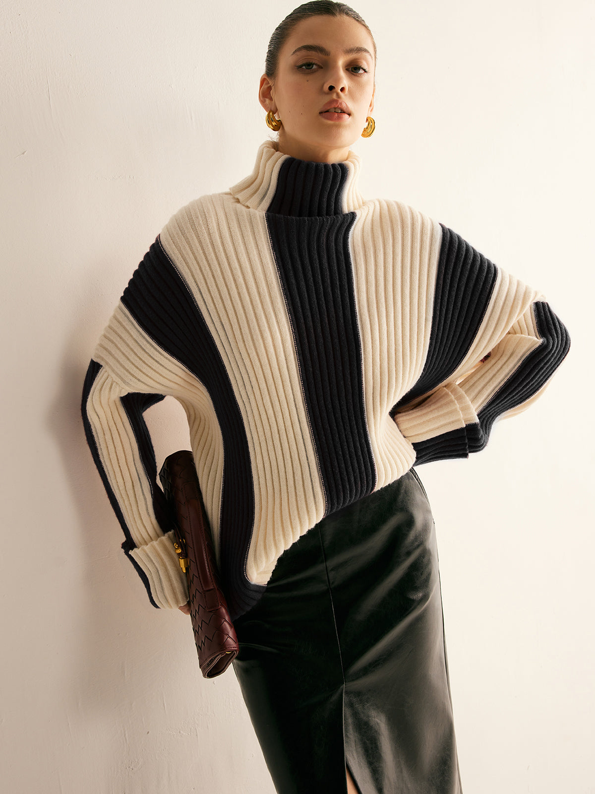 Oversized damestrui met col en verticale kleurblokken in grove rib