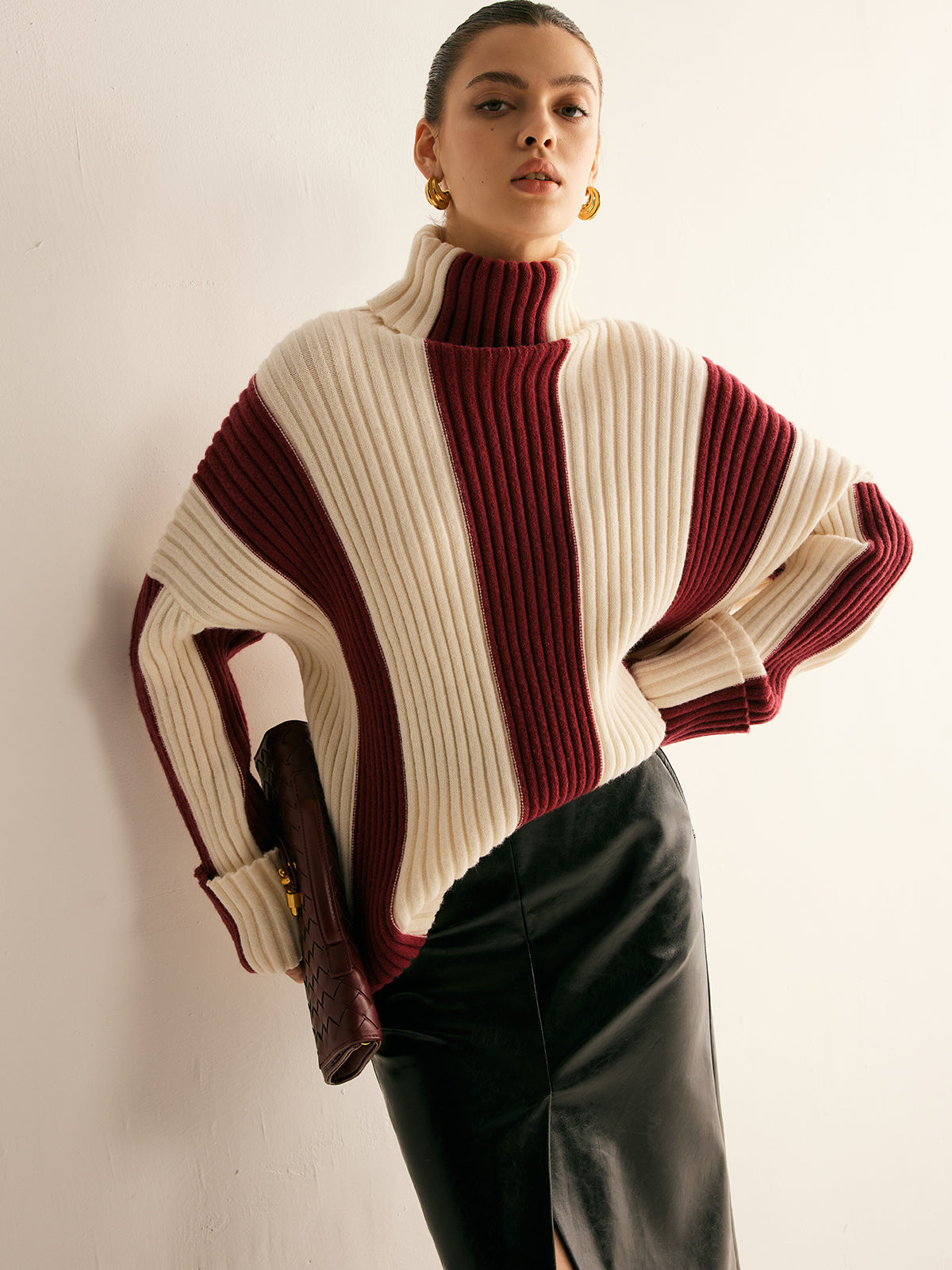 Oversized damestrui met col en verticale kleurblokken in grove rib