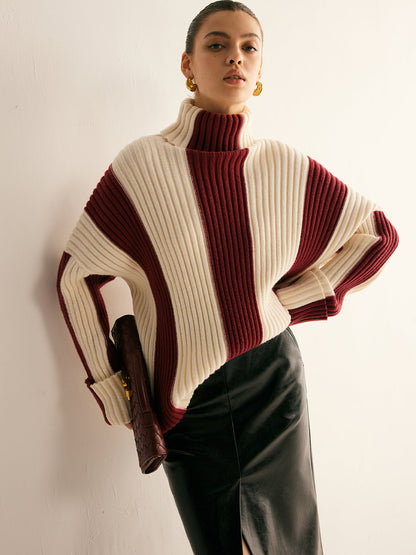 Oversized damestrui met col en verticale kleurblokken in grove rib
