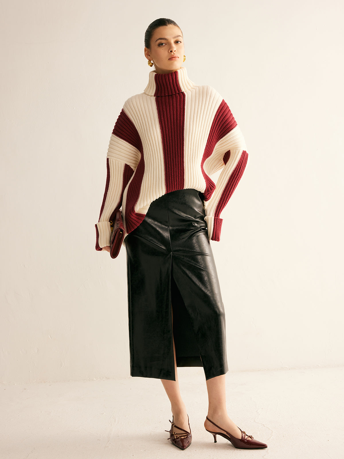 Oversized damestrui met col en verticale kleurblokken in grove rib