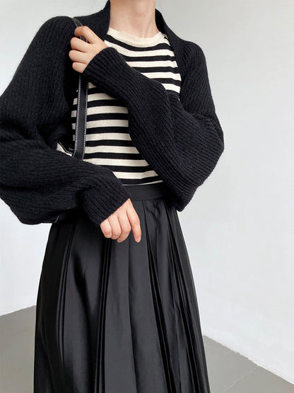 Oversized geribd damesvest met ballonmouwen en sjaalkraag - zwart