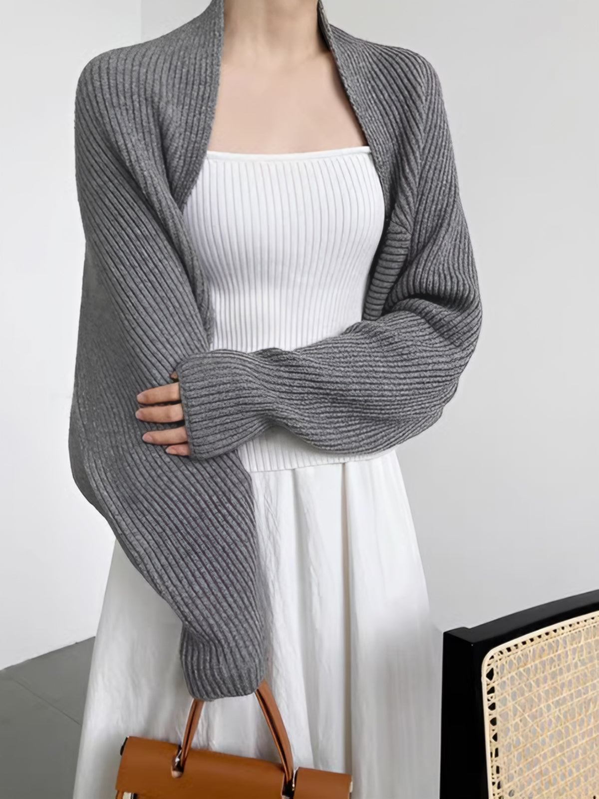 Oversized geribd damesvest met ballonmouwen en sjaalkraag - grijs