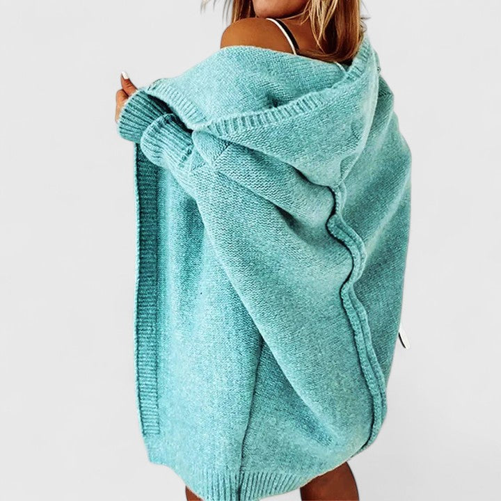 Oversized gebreid damesvest met capuchon en open voorkant - turquoise