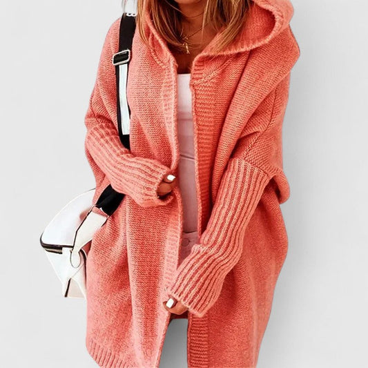 Oversized gebreid damesvest met capuchon en open voorkant - koraal