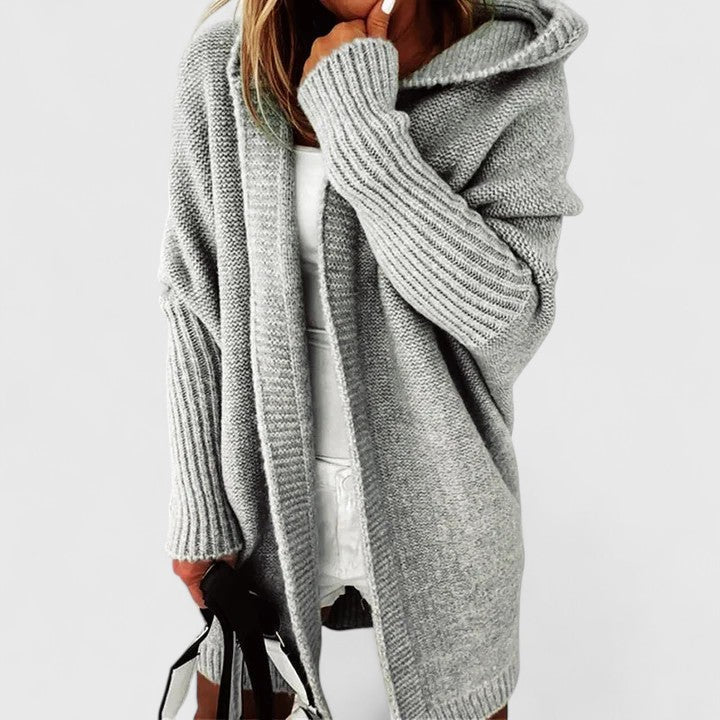 Oversized gebreid damesvest met capuchon en open voorkant - grijs