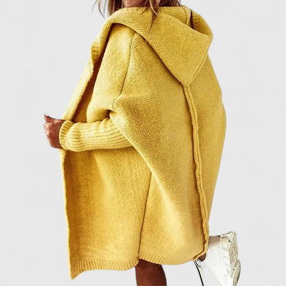 Oversized gebreid damesvest met capuchon en open voorkant - geel