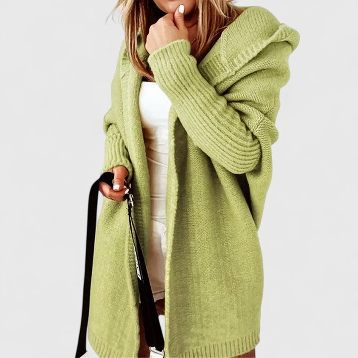 Oversized gebreid damesvest met capuchon en open voorkant - limoengroen