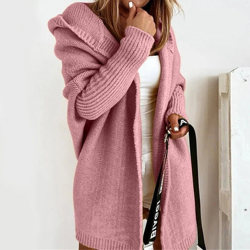 Oversized gebreid damesvest met capuchon en vleermuismouwen - oudroze