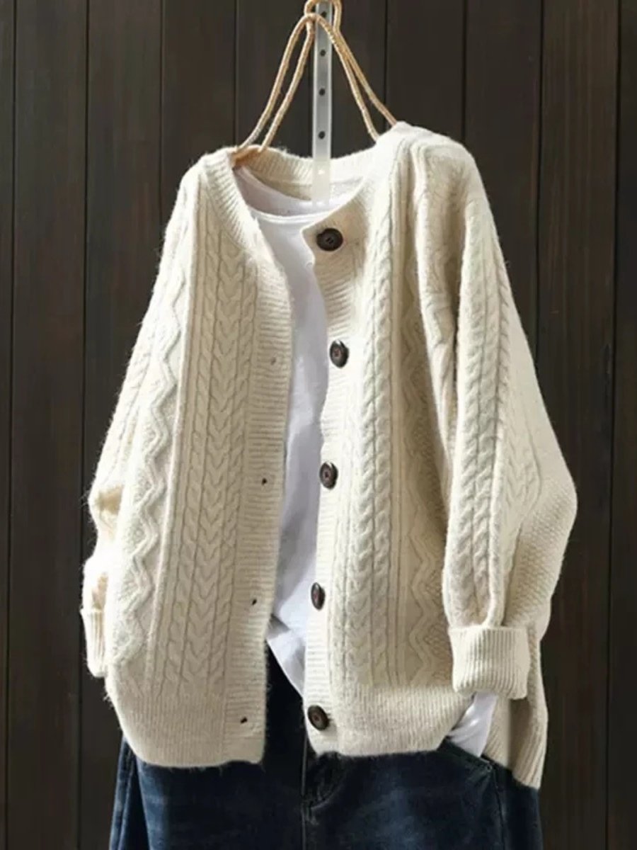 Oversized damesvest met kabelpatroon, ronde hals en knoopsluiting - crème