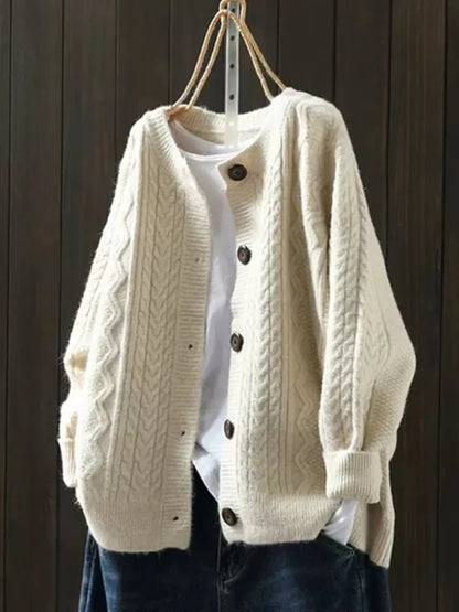 Oversized damesvest met kabelpatroon, ronde hals en knoopsluiting - crème