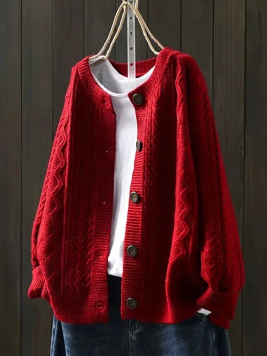 Oversized damesvest met kabelpatroon, ronde hals en knoopsluiting - rood