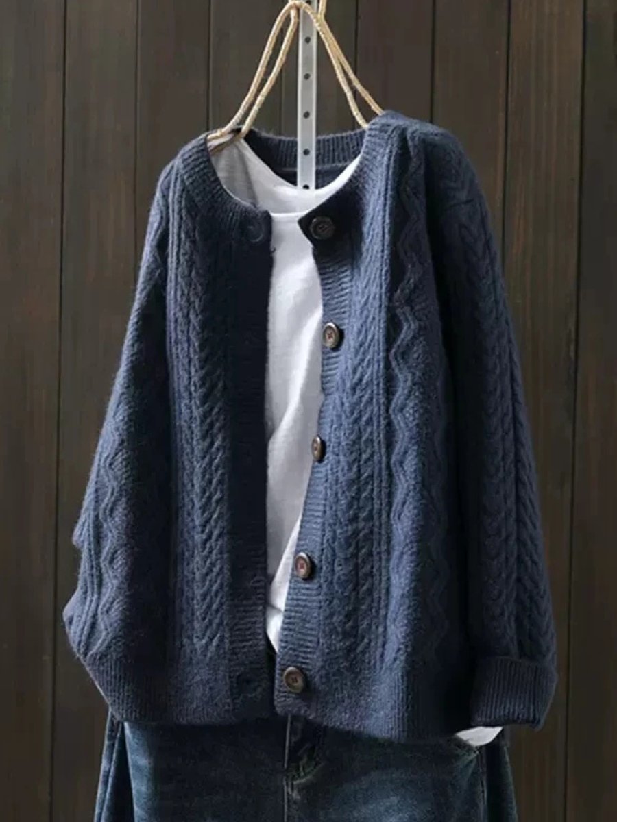 Oversized damesvest met kabelpatroon, ronde hals en knoopsluiting - donkerblauw