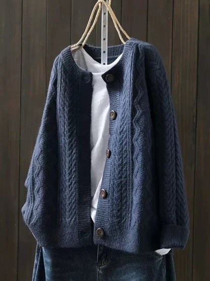 Oversized damesvest met kabelpatroon, ronde hals en knoopsluiting - donkerblauw