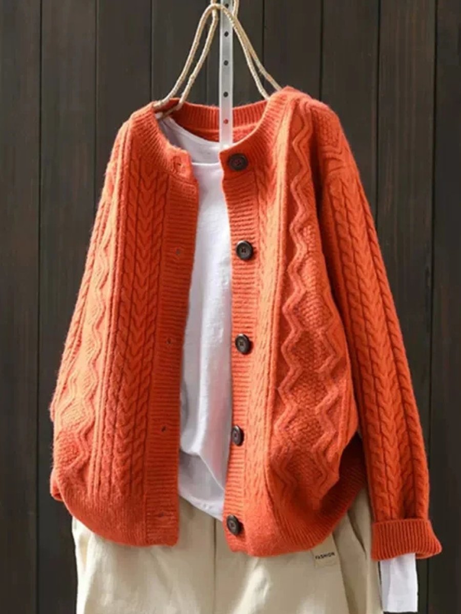 Oversized damesvest met kabelpatroon, ronde hals en knoopsluiting - oranje
