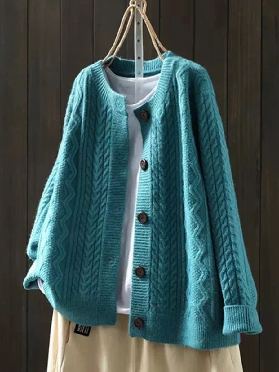 Oversized damesvest met kabelpatroon, ronde hals en knoopsluiting - petrol