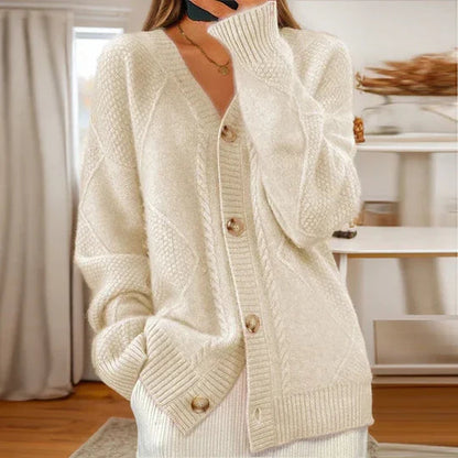 Oversized damesvest met kabelpatroon, V-hals en grote knopen - crème