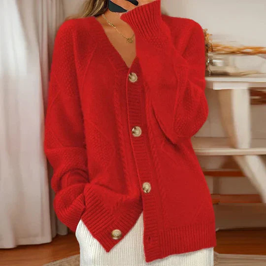 Oversized damesvest met kabelpatroon, V-hals en grote knopen - rood