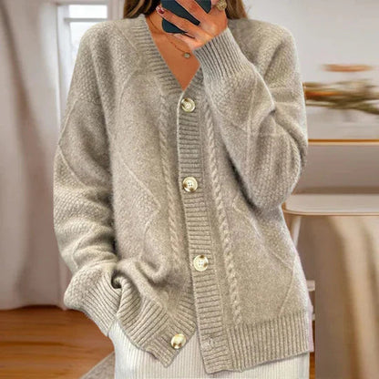 Oversized damesvest met kabelpatroon, V-hals en grote knopen - taupe