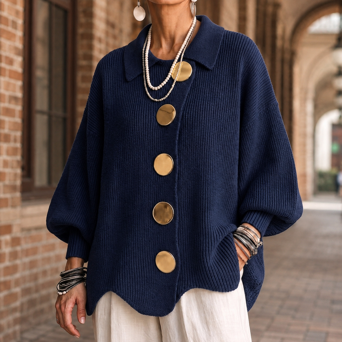 Oversized geribd damesvest met kraag en grote goudkleurige knopen - marineblauw
