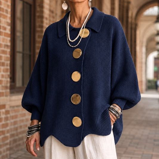 Oversized geribd damesvest met kraag en grote goudkleurige knopen - marineblauw
