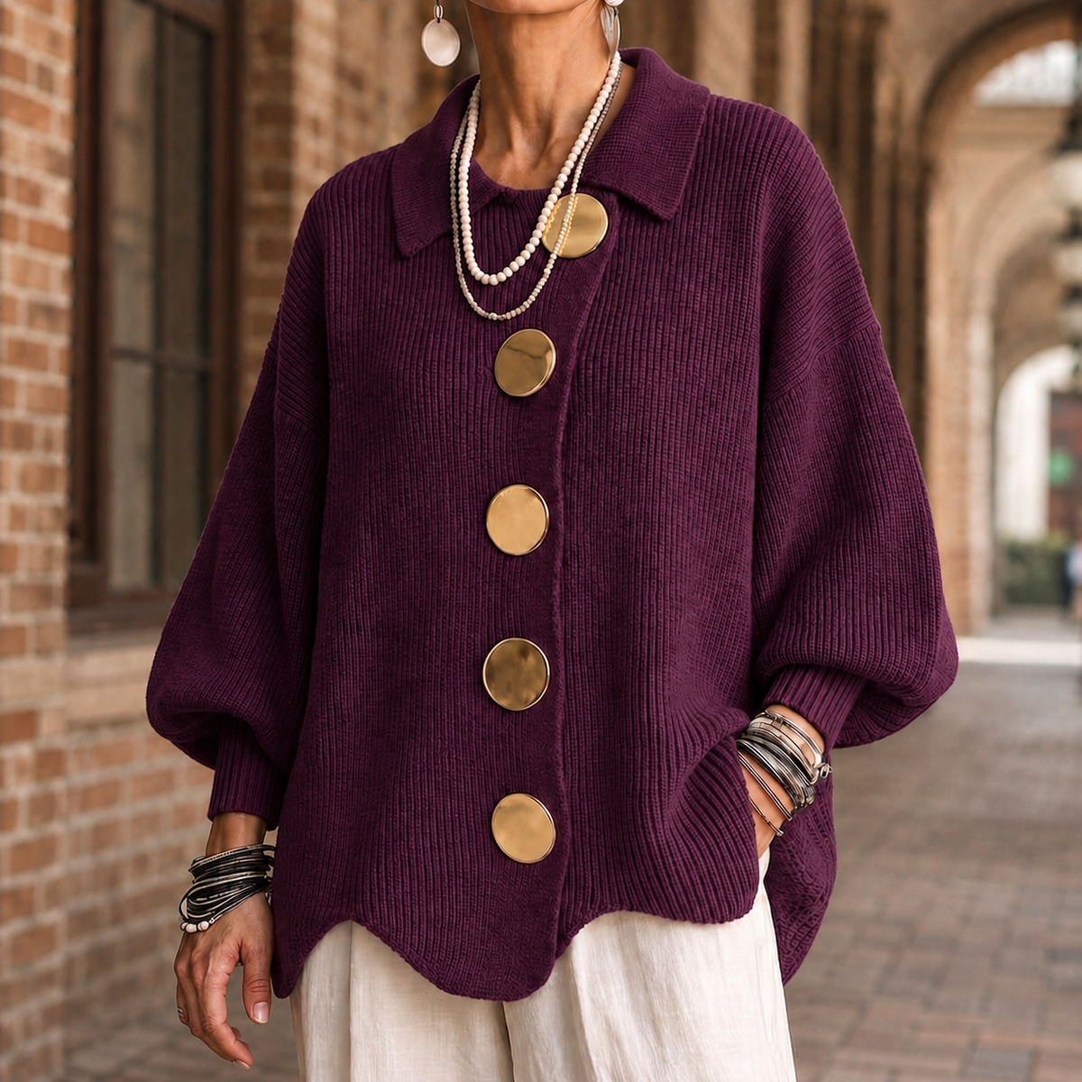 Oversized geribd damesvest met kraag en grote goudkleurige knopen - aubergine