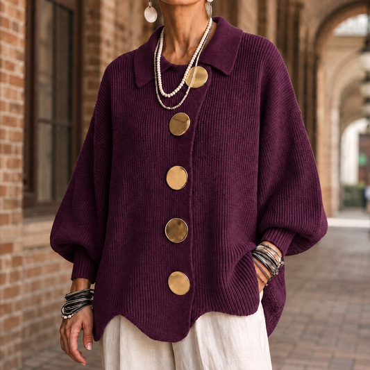 Oversized geribd damesvest met kraag en grote goudkleurige knopen - aubergine