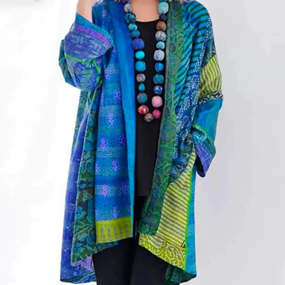 Oversized damesvest met patchworkprint en open voorkant - blauw