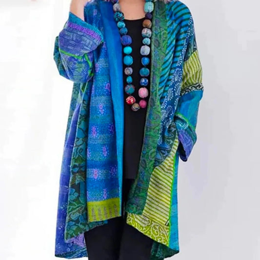 Oversized damesvest met patchworkprint en open voorkant - blauw