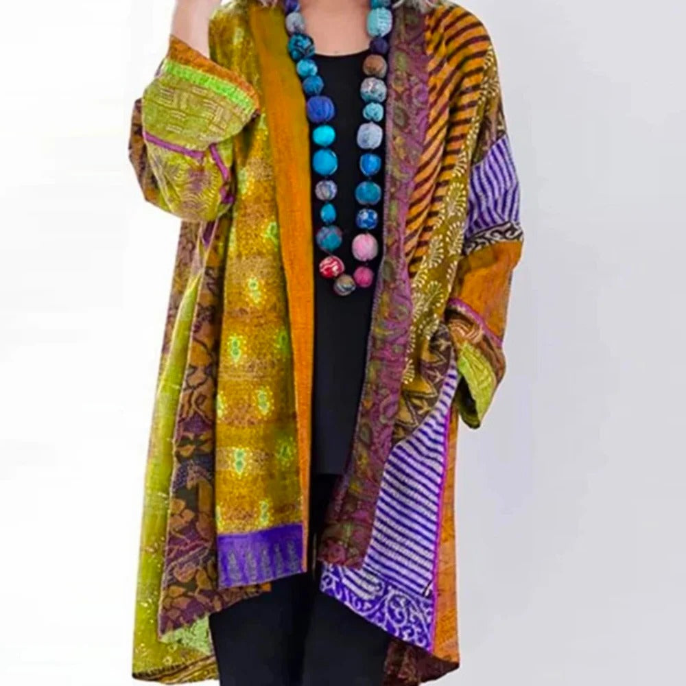 Oversized damesvest met patchworkprint en open voorkant - geel