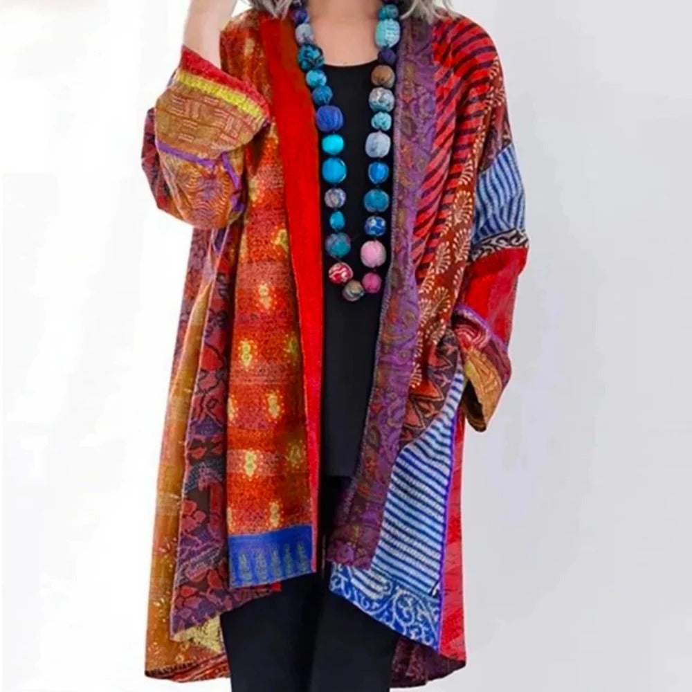 Oversized damesvest met patchworkprint en open voorkant - rood