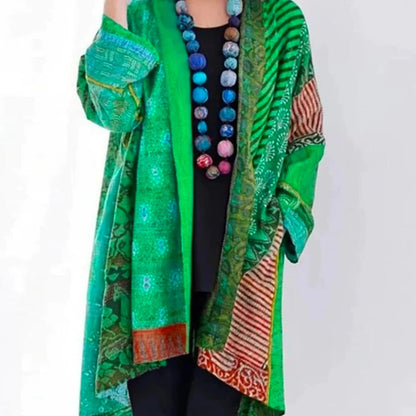 Oversized damesvest met patchworkprint en open voorkant - groen