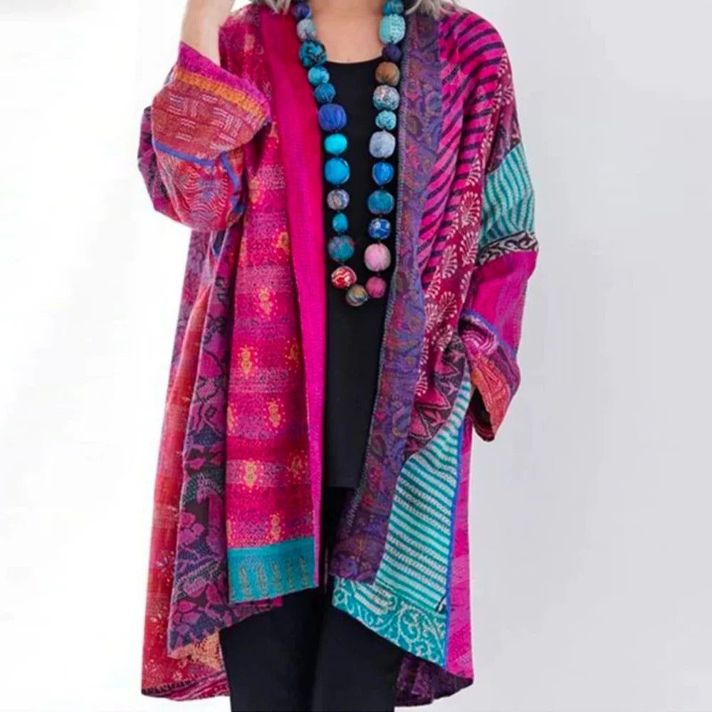 Oversized damesvest met patchworkprint en open voorkant - fuchsia