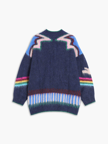 Oversized damesvest met ingebreid sterpatroon, V-hals en opgezette zakken