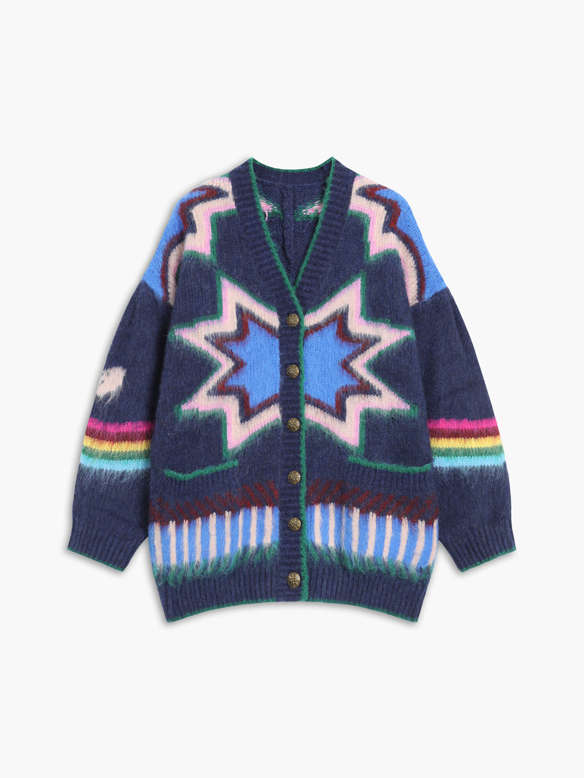 Oversized damesvest met ingebreid sterpatroon, V-hals en opgezette zakken - marineblauw
