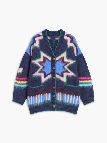 Oversized damesvest met ingebreid sterpatroon, V-hals en opgezette zakken - marineblauw