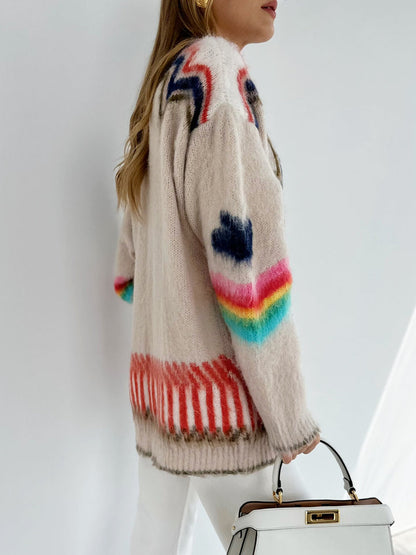 Oversized damesvest met ingebreid sterpatroon, V-hals en opgezette zakken