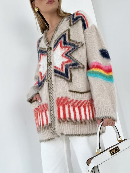 Oversized damesvest met ingebreid sterpatroon, V-hals en opgezette zakken