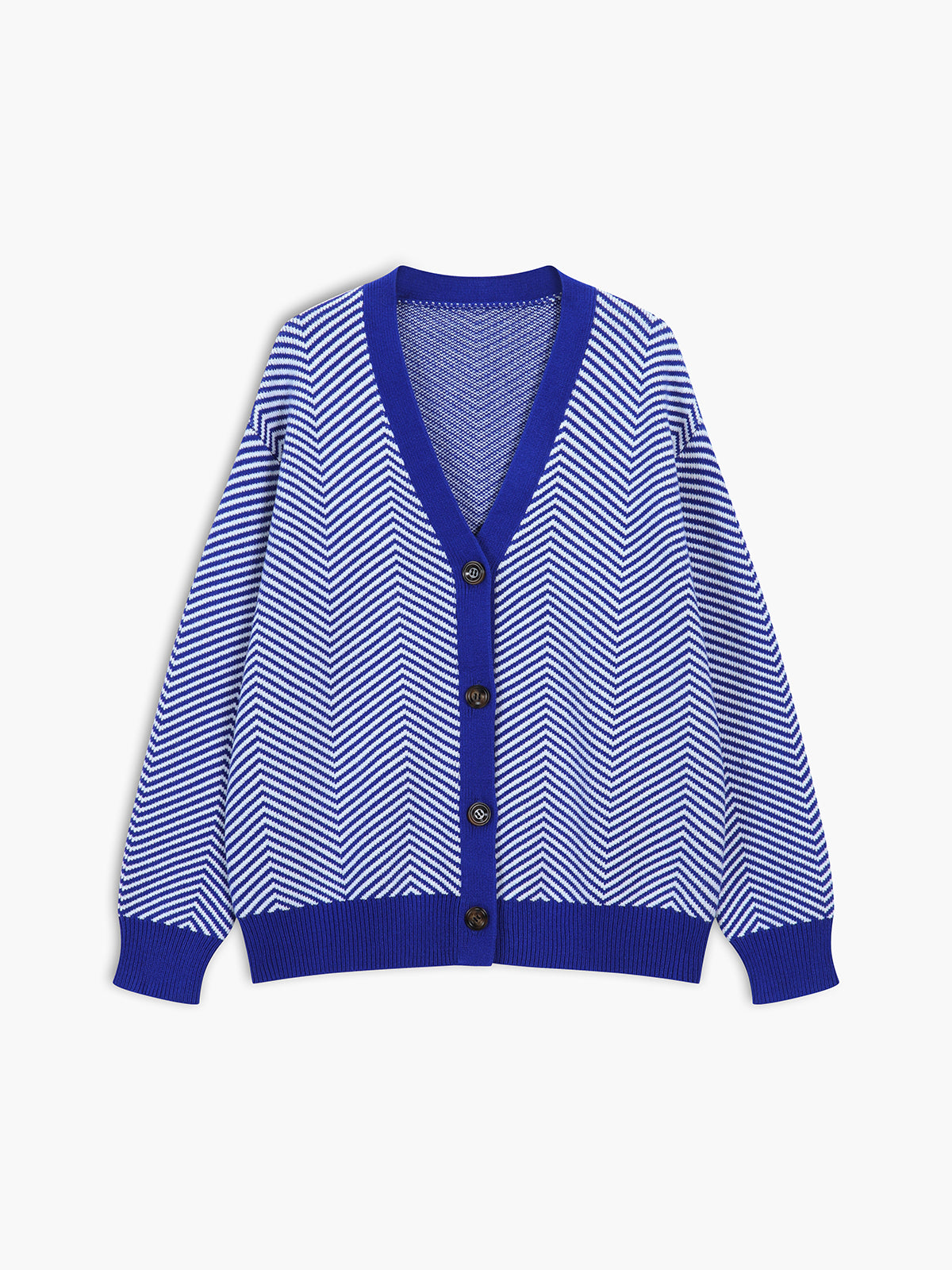 Oversized damesvest met visgraatstreep, V-hals en contrastboorden - kobaltblauw/wit