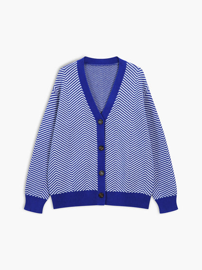 Oversized damesvest met visgraatstreep, V-hals en contrastboorden - kobaltblauw/wit