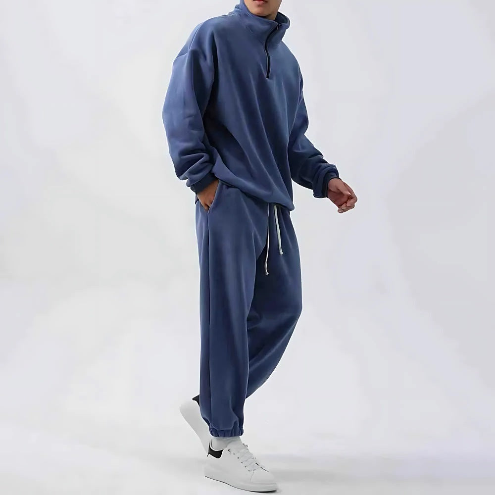 Oversized fleece herenset met halve rits, opstaande kraag en joggingbroek - staalblauw