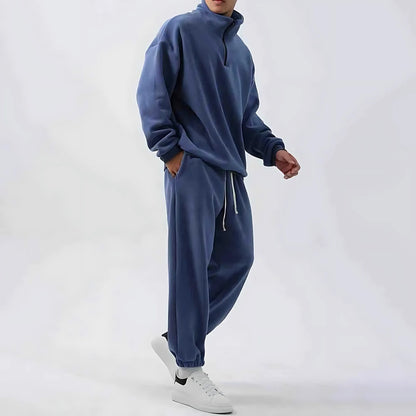 Oversized fleece herenset met halve rits, opstaande kraag en joggingbroek - staalblauw
