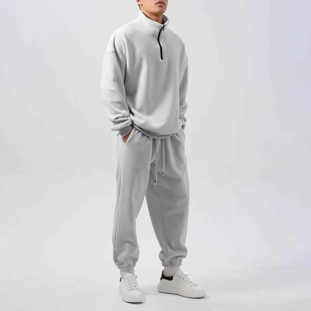 Oversized fleece herenset met halve rits, opstaande kraag en joggingbroek - lichtgrijs