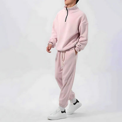 Oversized fleece herenset met halve rits, opstaande kraag en joggingbroek - lichtroze