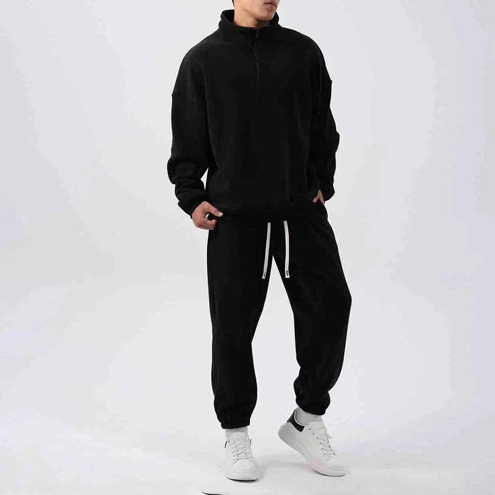 Oversized fleece herenset met halve rits, opstaande kraag en joggingbroek - zwart