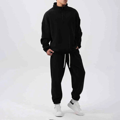 Oversized fleece herenset met halve rits, opstaande kraag en joggingbroek - zwart